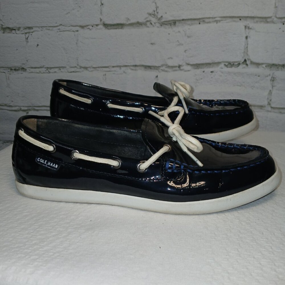 WOMENS COLE HAAN NANTUCKET CAMP PATENT LEATHER BOAT DECK SHOES, NAVY, SIZE 8.5 - Picture 10 of 12